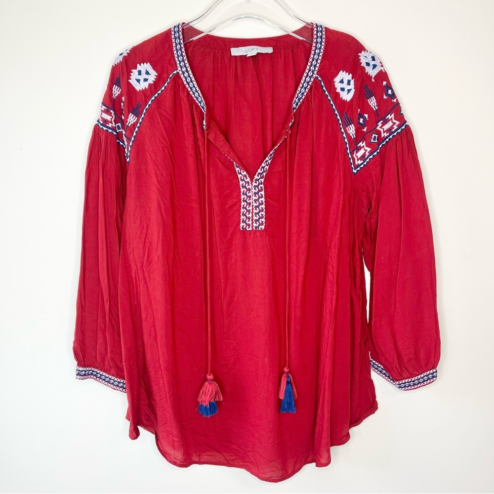 LOFT Red Blue Embroidered Boho Tassel Detail Long Sleeve Top Size L